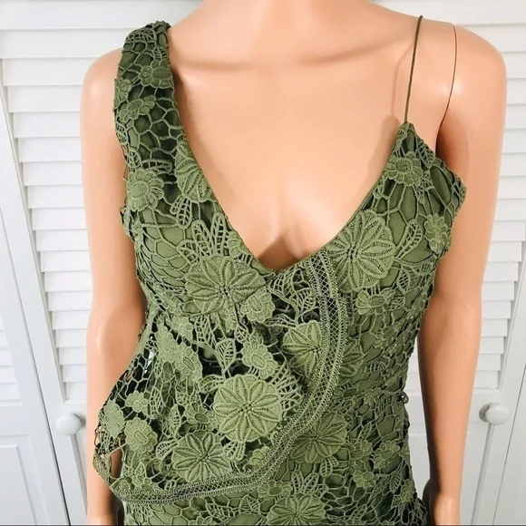 KEEPSAKE Green Frameless Asymmetrical Lace Cocktail Dress Size Extra Small - Picture 3 of 10